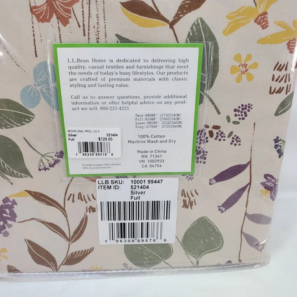 L.L. Bean Percale Bedding Comforter Cover Full Silver Birch Floral Cotton NEW